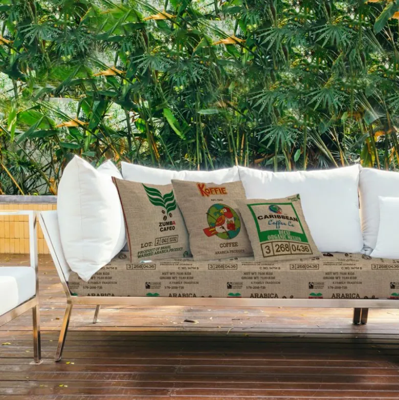 Tissu imperméable effet toile de jute motif café du Sud