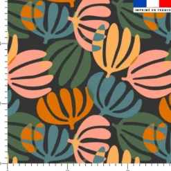 Tissu imperméable gris anthracite motif fleur succulente multicolore