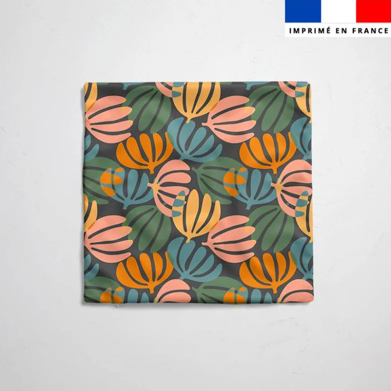 Tissu imperméable gris anthracite motif fleur succulente multicolore