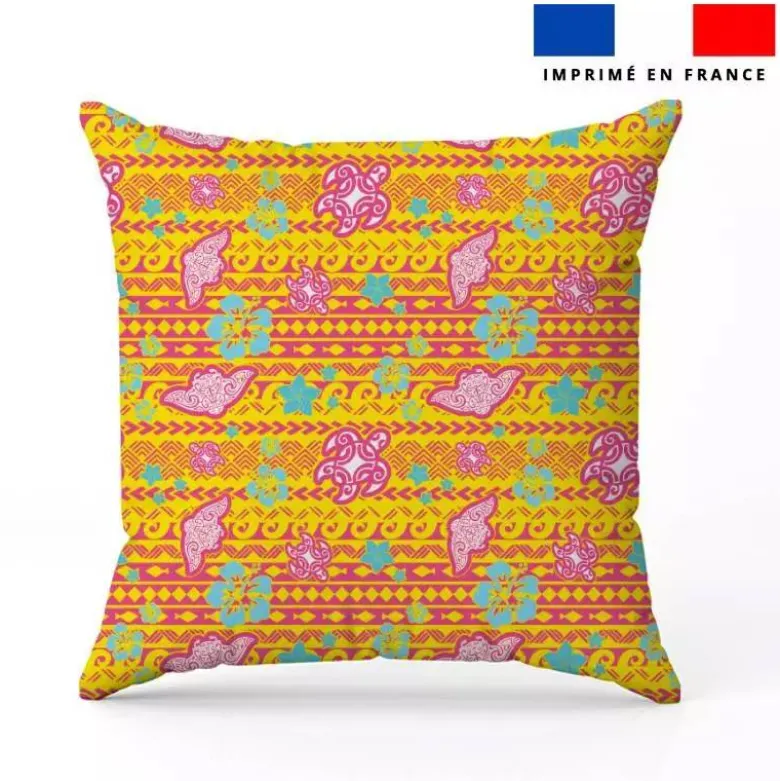 Tissu imperméable jaune motif tortue et raie manta maori rose
