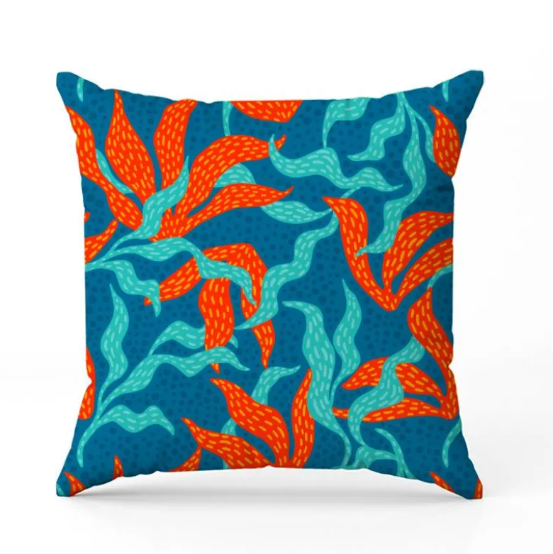 Tissu imperméable motif algue rouge et turquoise