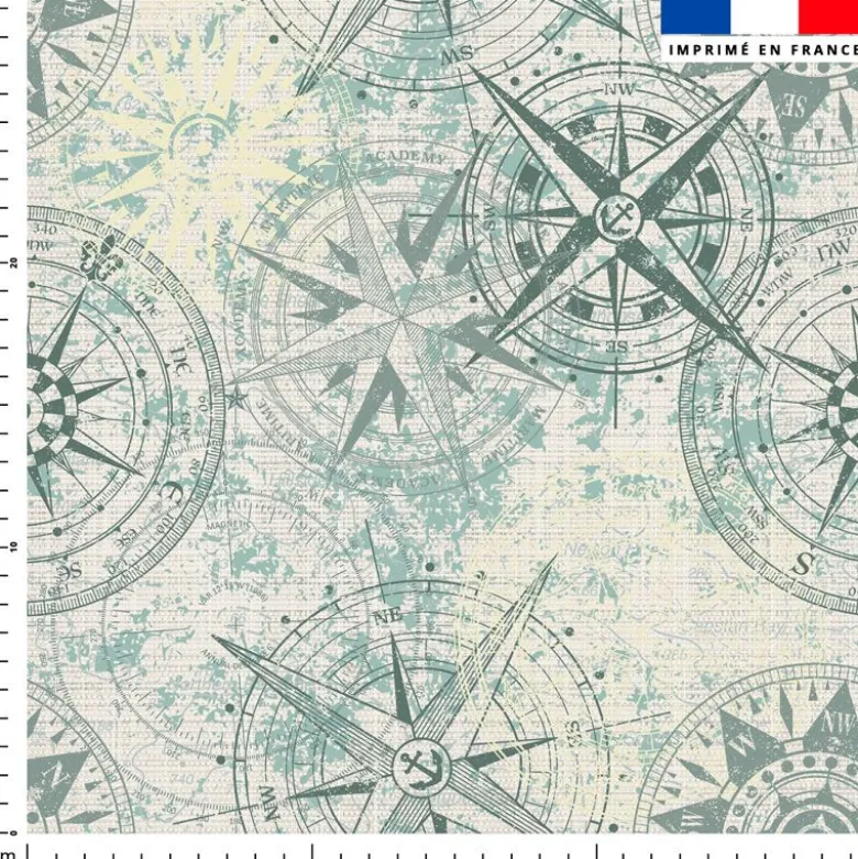 Tissu imperméable motif boussole vintage vert de gris