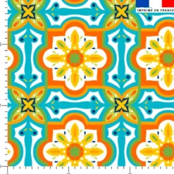 Tissu imperméable motif carreaux de ciment orange jaune et turquoise
