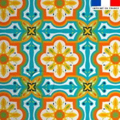 Tissu imperméable motif carreaux de ciment orange jaune et turquoise