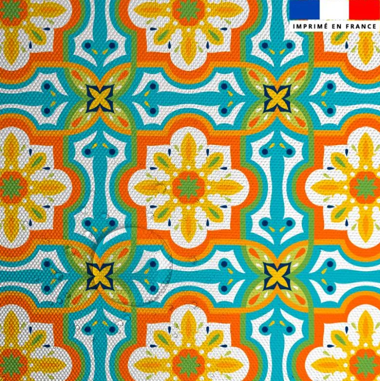 Tissu imperméable motif carreaux de ciment orange jaune et turquoise