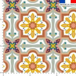 Tissu imperméable motif carreaux de ciment terracotta ocre et vert sauge