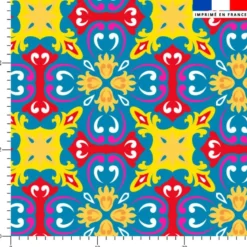 Tissu imperméable motif carreaux de ciment jaune fuchsia et bleu