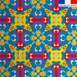 Tissu imperméable motif carreaux de ciment jaune fuchsia et bleu