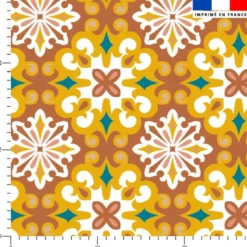 Tissu imperméable motif carreaux de ciment terracotta bleu canard et ocre