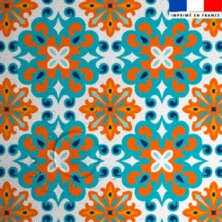 Tissu imperméable motif carreaux de ciment orange et turquoise