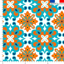 Tissu imperméable motif carreaux de ciment orange et turquoise