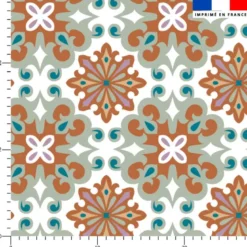 Tissu imperméable motif carreaux de ciment terracotta et vert sauge