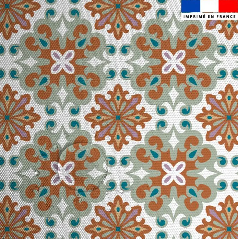 Tissu imperméable motif carreaux de ciment terracotta et vert sauge