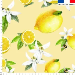Tissu imperméable motif citron jaune et fleur de citronnier
