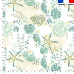 Tissu imperméable motif coquillage et étoile de mer vert