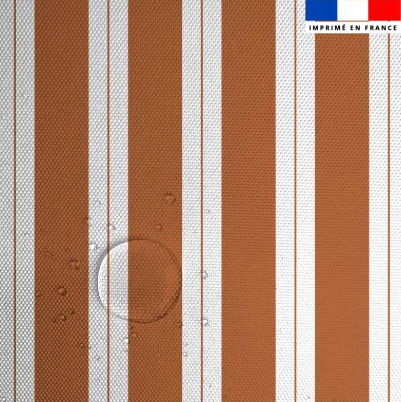 Tissu imperméable motif duo de rayures terracotta et blanc