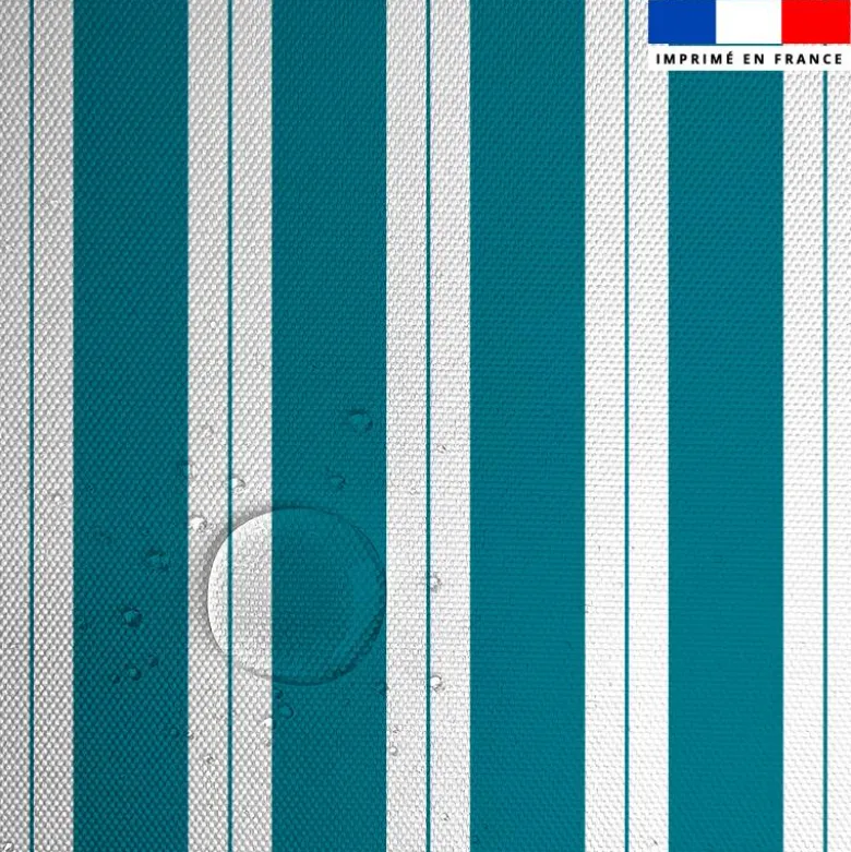 Tissu imperméable motif duo de rayures bleu canard et blanc