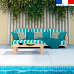 Tissu imperméable motif duo de rayures turquoise et blanc