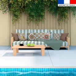 Tissu imperméable motif duo de rayures vert sauge et blanc