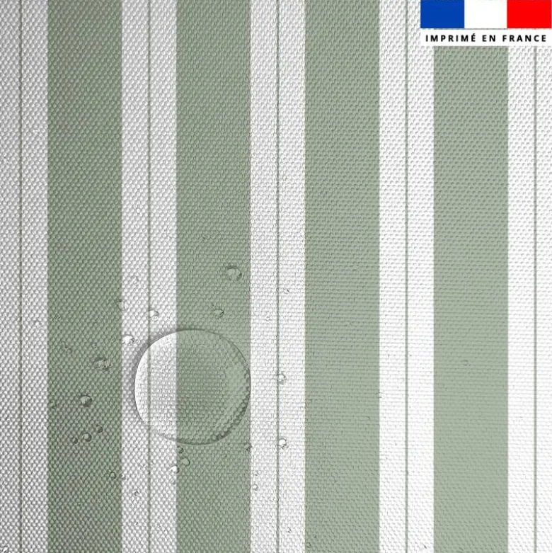 Tissu imperméable motif duo de rayures vert sauge et blanc