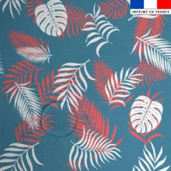 Tissu imperméable motif feuille de palmier corail et bleue