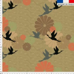 Tissu imperméable motif japonais marron et corail