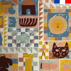 Tissu imperméable motif mosaïque nomade vert et jaune