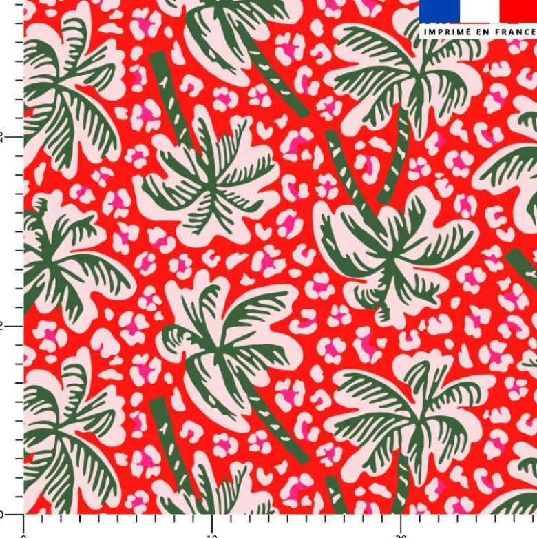 Tissu imperméable motif palmier et léopard rouge