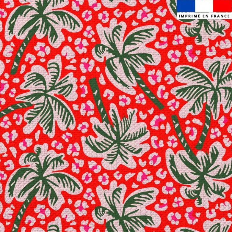 Tissu imperméable motif palmier et léopard rouge