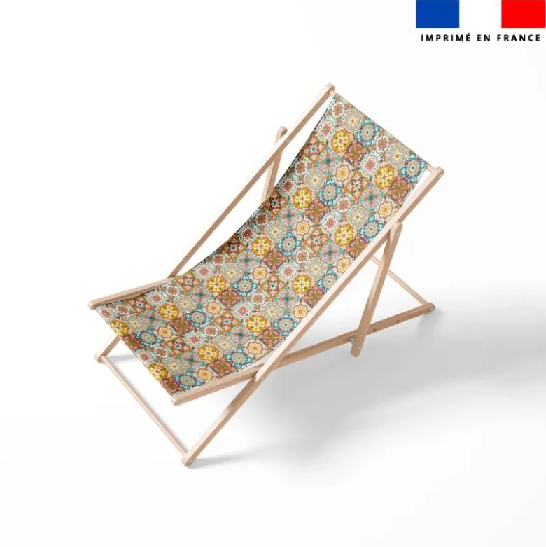 Tissu imperméable motif patchwork carreaux de ciment terracotta vert et ocre