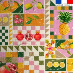 Tissu imperméable motif patchwork fruits exotiques vert