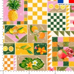 Tissu imperméable motif patchwork fruits exotiques vert