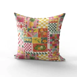 Tissu imperméable motif patchwork fruits exotiques rose