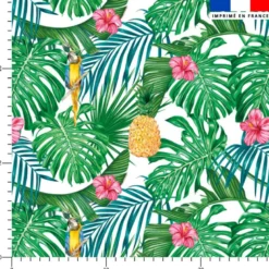 Tissu imperméable motif perroquet hibiscus et feuille tropicale
