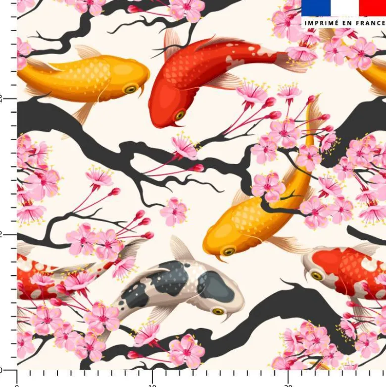 Tissu imperméable motif poisson koi et sakura