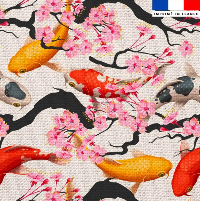 Tissu imperméable motif poisson koi et sakura