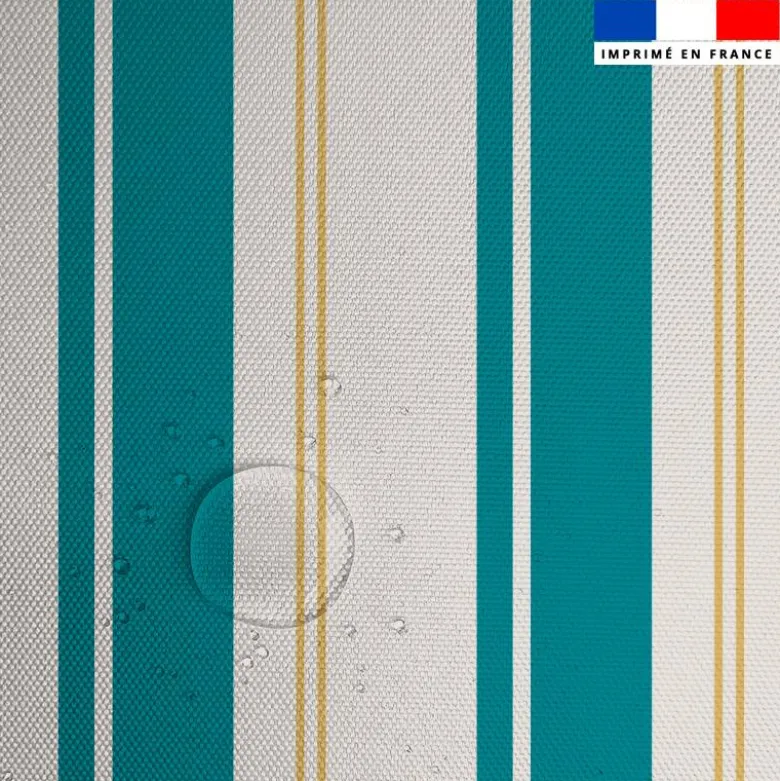 Tissu imperméable motif rayures verticales bleu canard et doré