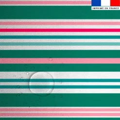Tissu imperméable motif rayures horizontales vert canard et rose