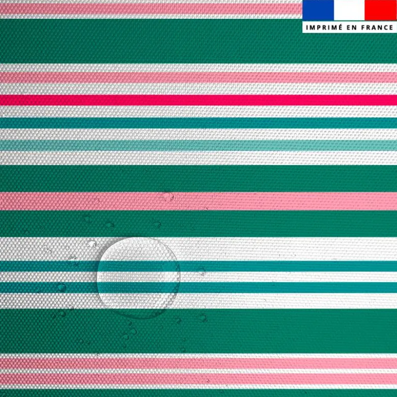 Tissu imperméable motif rayures horizontales vert canard et rose