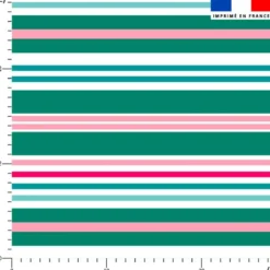 Tissu imperméable motif rayures horizontales vert canard et rose
