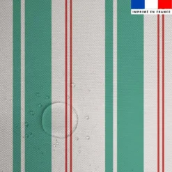 Tissu imperméable motif rayures verticales vert opaline et rouge
