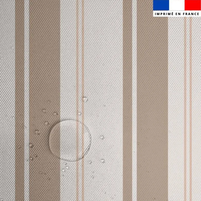 Tissu imperméable motif rayures verticales taupe et beige