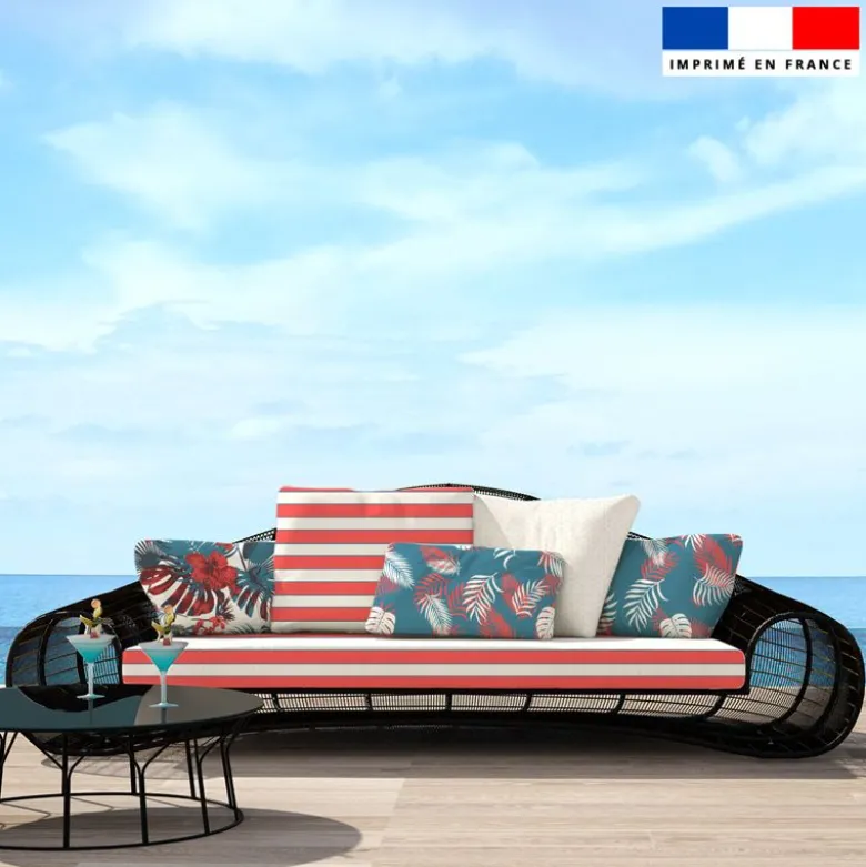 Tissu imperméable motif rayure allongée corail et bleue