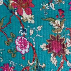 Tissu matelassé bleu réversible motif fleurs et rayures bleues