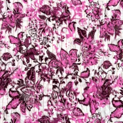 Tissu matelassé double face indien - Fleurs roses et blanches, rayures lurex