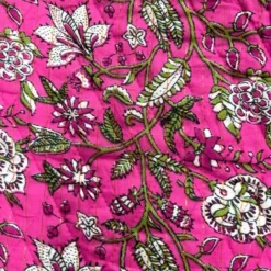 Tissu matelassé double face indien - Fleurs roses et blanches, rayures lurex