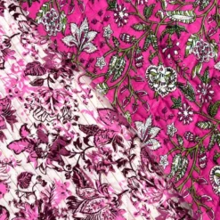 Tissu matelassé double face indien - Fleurs roses et blanches, rayures lurex