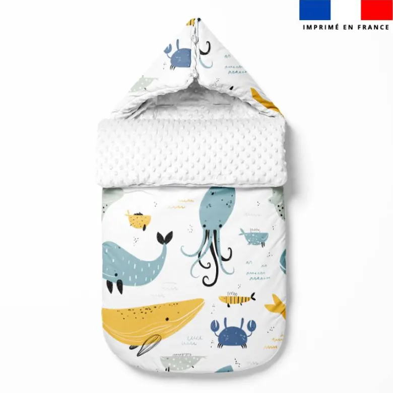 Tissu minky blanc motif animaux marins