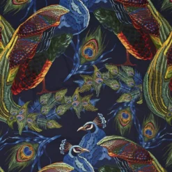 Tissu occultant bleu foncé motif paon brodé