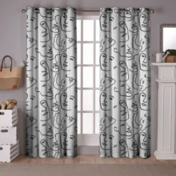 Tissu occultant écru motif dessin visage au trait continu
